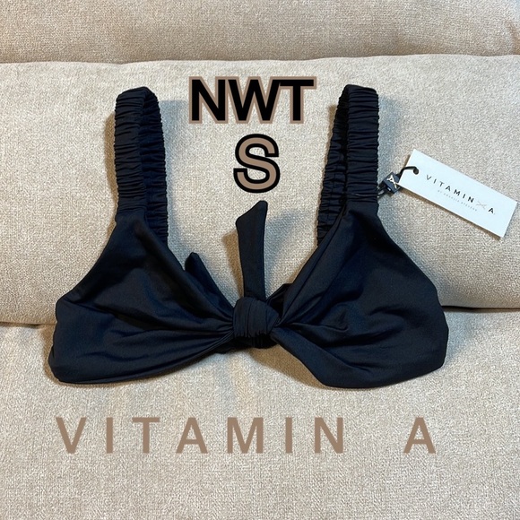 NWT VITAMIN A black ZURI knot tie scrunch strap bralette or bikini top size S